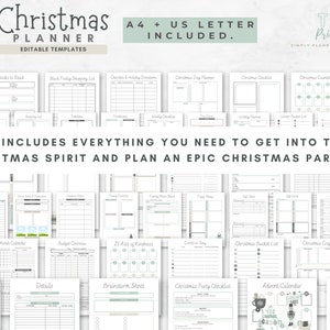 May include: A Christmas Planner with editable templates, including 113 sheets. The planner includes sections for advent activities, shopping lists, and party planning. The text reads "Includes everything you need to get into the Christmas spirit and plan an epic Christmas party!"