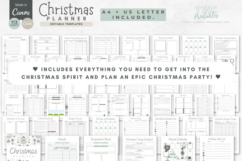 May include: A Christmas Planner with editable templates, including 113 sheets. The planner includes sections for advent activities, shopping lists, and party planning. The text reads "Includes everything you need to get into the Christmas spirit and plan an epic Christmas party!"