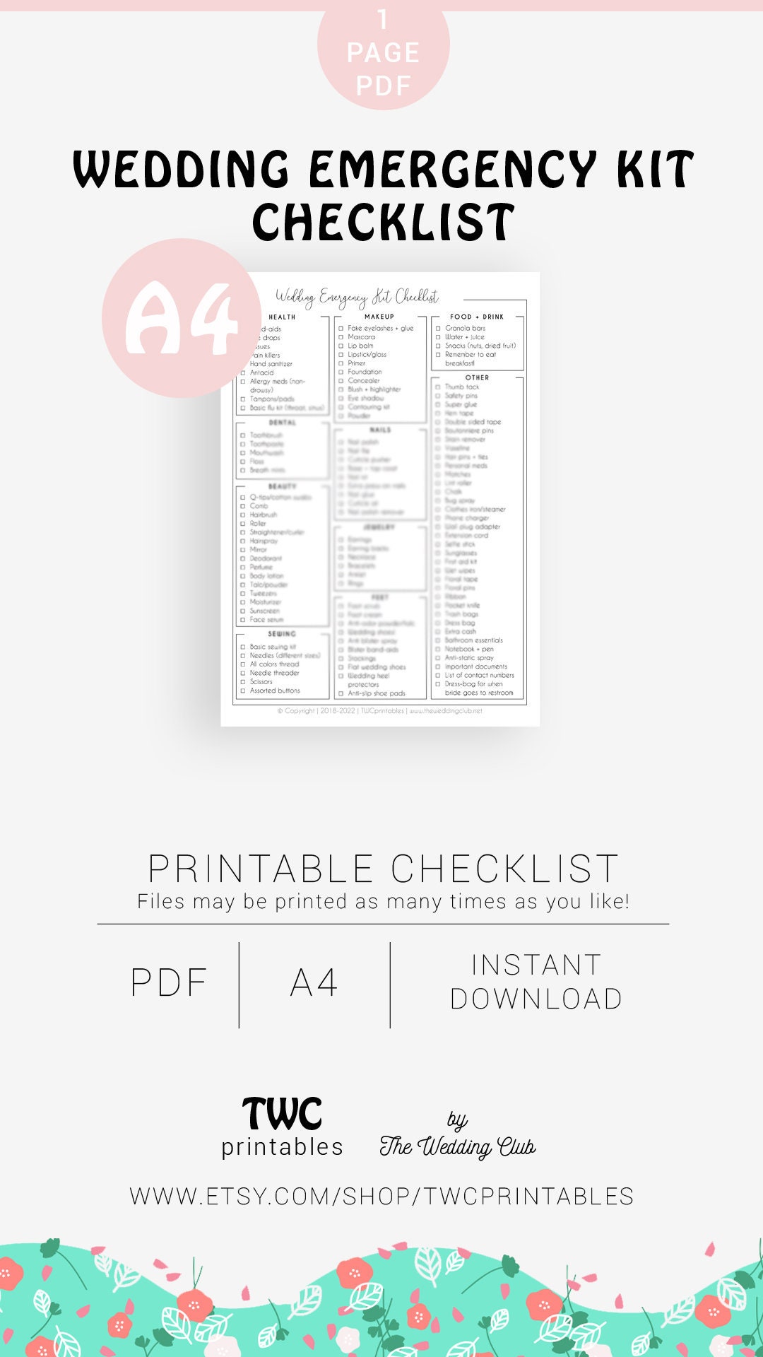 Wedding Emergency Kit Checklist minimalist Printable Wedding Day Survival  Kit 