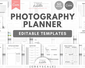 May include: A collection of printable photography planner templates in grayscale. The design includes pages for appointments, client workflow, equipment lists, and income & expenses. The planner is editable in Canva and has 50 pages.