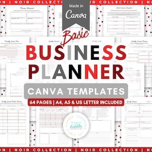 May include: A digital business planner template set featuring 64 pages in A4, A5, and US Letter sizes. The design uses a red, black, and white color scheme with the text "Basic BUSINESS PLANNER CANVA TEMPLATES" and "64 PAGES | A4, A5 & US LETTER INCLUDED".