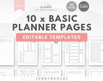 Planner Templates for Canva | 10 Pages | Editable Planner Bundle, Canva Planner Templates, Planner Essentials //GREYSCALE