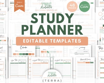 Study Planner Canva Templates | 48 Pages | Academic goals, Time management, Task scheduling, Exam prep, Study sessions, Note-taking //TERRA