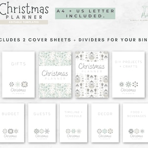 May include: A collection of printable Christmas planner templates with various categories like gifts, budget, and decor. The design features a minimalist aesthetic with snowflake and botanical illustrations, and the text "Christmas Planner".