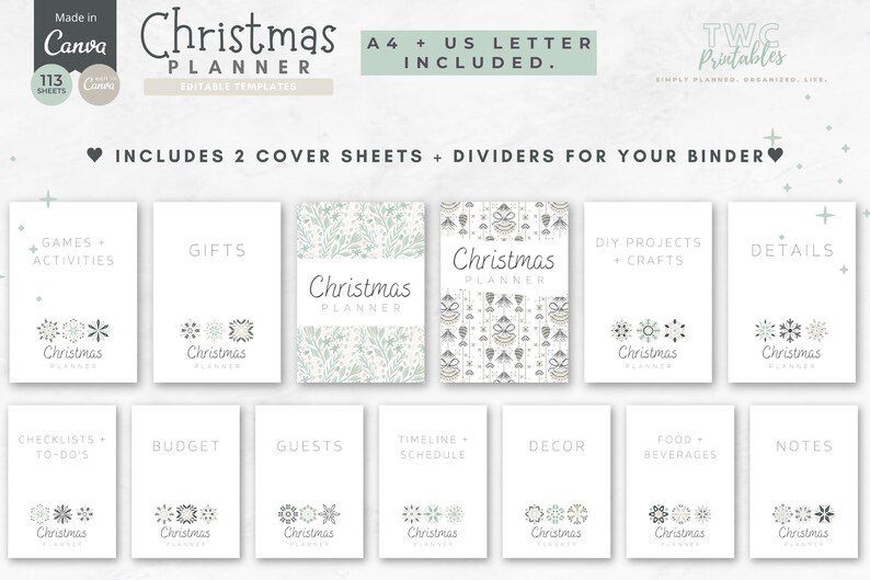 May include: A collection of printable Christmas planner templates with various categories like gifts, budget, and decor. The design features a minimalist aesthetic with snowflake and botanical illustrations, and the text "Christmas Planner".