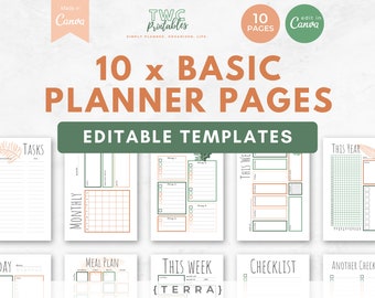 Editable Planner Templates for Canva | 10 Pages | Canva Planner Bundle, Planner Pages Inserts, Weekly Planner, Year at a Glance //TERRA