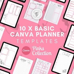 以下が含まれることがあります： ピンク色のCanvaプランナーテンプレートのコレクション。日次、週次、年次の計画用のさまざまなレイアウトが特徴です。画像には、花のアクセントとテキスト「10 X BASIC CANVA PLANNER TEMPLATES Pinks Collection」が表示された複数のデジタルプランナーが表示されています。