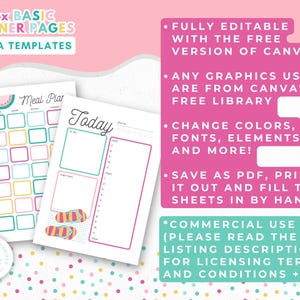 Op de afbeelding: Twee plannerpagina's met de tekst "10 x BASIC PLANNER PAGES CANVA TEMPLATES". E&eacute;n pagina is een maaltijdplan met een watermeloenafbeelding. De andere is een dagplanner met het woord "Today". De tekst aan de rechterkant luidt "FULLY EDITABLE WITH THE FREE VERSION OF CANVA".