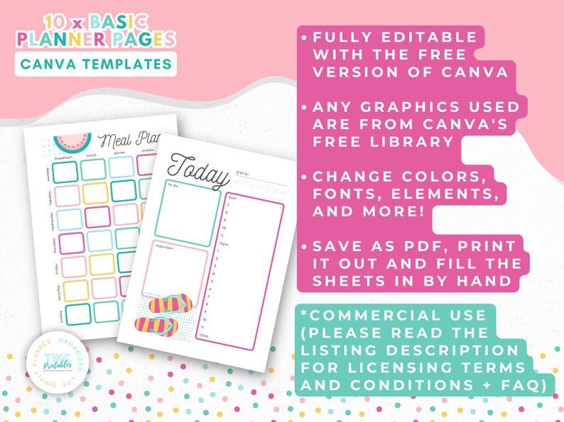 Op de afbeelding: Twee plannerpagina's met de tekst "10 x BASIC PLANNER PAGES CANVA TEMPLATES". E&eacute;n pagina is een maaltijdplan met een watermeloenafbeelding. De andere is een dagplanner met het woord "Today". De tekst aan de rechterkant luidt "FULLY EDITABLE WITH THE FREE VERSION OF CANVA".