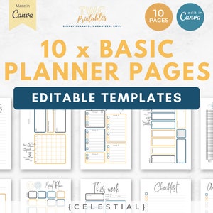May include: A digital product featuring 10 basic planner pages with editable templates. The pages include task lists, monthly calendars, and checklists. The design incorporates teal, yellow, and white colors. Text on the image includes "10 x BASIC PLANNER PAGES" and "EDITABLE TEMPLATES."