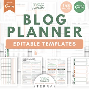 May include: A collection of printable blog planner templates with a white background, featuring green and orange accents. The text "BLOG PLANNER EDITABLE TEMPLATES" is prominently displayed. Includes pages for blog post planning, research, and goal tracking. The templates are made in Canva.