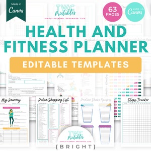 Health & Fitness Planner Templates for Canva | 63 Pages | Editable Planner Pages Inserts, Fitness Log Tracker, Medical Sheets Canva //BRIGHT