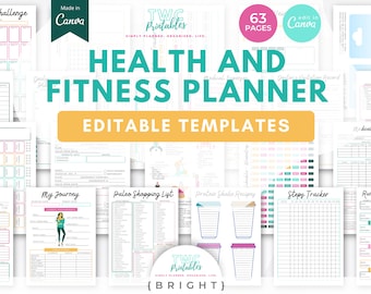May include: A health and fitness planner with editable templates. The design includes pages for a 30-day challenge, appointments, medical information, and a steps tracker. The planner has a bright, colorful design with the text "Health and Fitness Planner" and "Editable Templates".