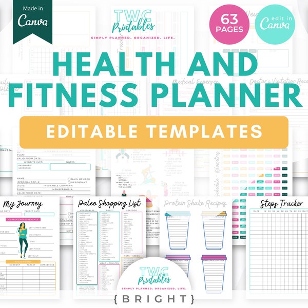 BRIGHT Health & Fitness Planner Canva Templates: Weight Loss, Workout, Wellness (Digital Download A4/US Letter)
