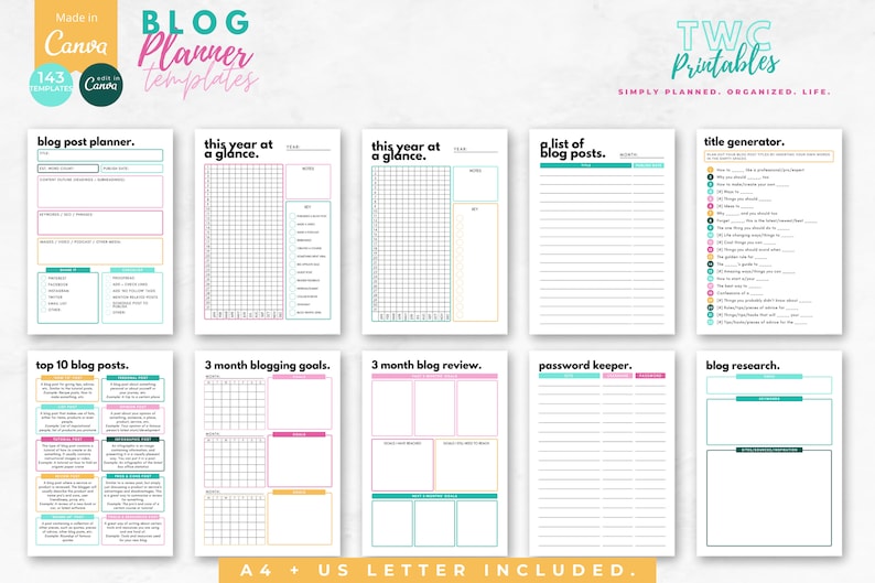 These Blog Planner Canva Templates will help you manage your blog like a pro! Use these Blogging Planner Templates to create a Blog Content Calendar. Learn Blogging How To by using this planner along with other blogging research.