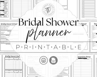 Puede incluir: Un planificador de despedida de soltera imprimible en blanco y negro, con secciones para detalles, juegos y presupuesto. El título "Bridal Shower Planner" está en escritura elegante, con "PRINTABLE" debajo.