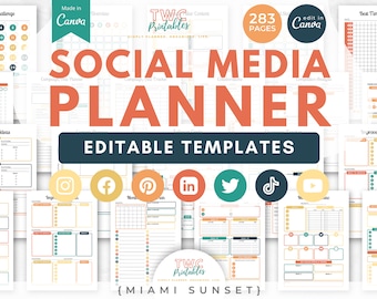 Social Media Planner Canva Templates | 283 Pages | Social Media Content Planner Templates Analytics Checklist Calendar // MIAMI SUNSET