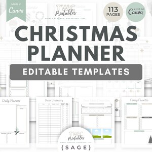 May include: A collection of printable Christmas planner templates. The title "CHRISTMAS PLANNER" is displayed in large, dark gray letters. The templates include a 3-month calendar, Christmas bucket list, and daily planner. The text "EDITABLE TEMPLATES" is also visible.