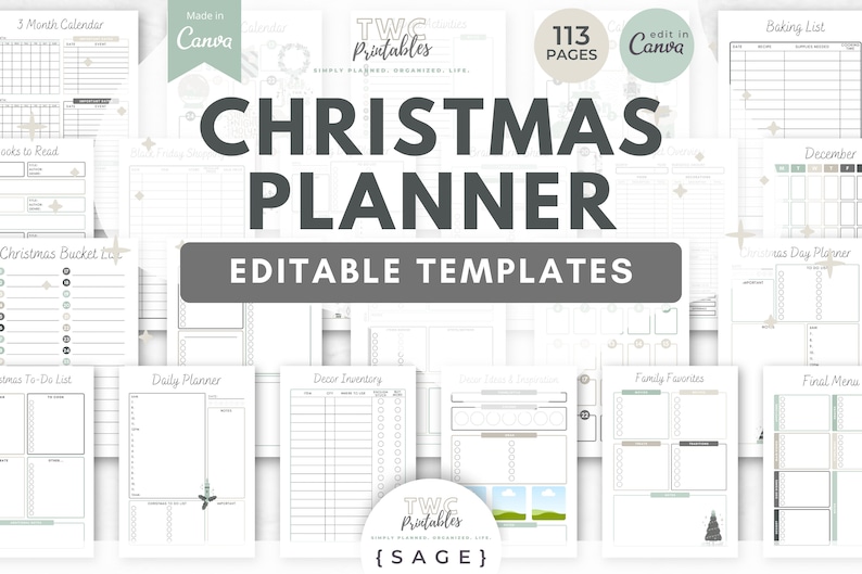 May include: A collection of printable Christmas planner templates. The title "CHRISTMAS PLANNER" is displayed in large, dark gray letters. The templates include a 3-month calendar, Christmas bucket list, and daily planner. The text "EDITABLE TEMPLATES" is also visible.