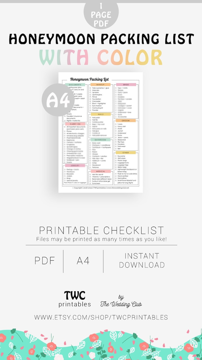 honeymoon packing list printable checklist honeymoon etsy