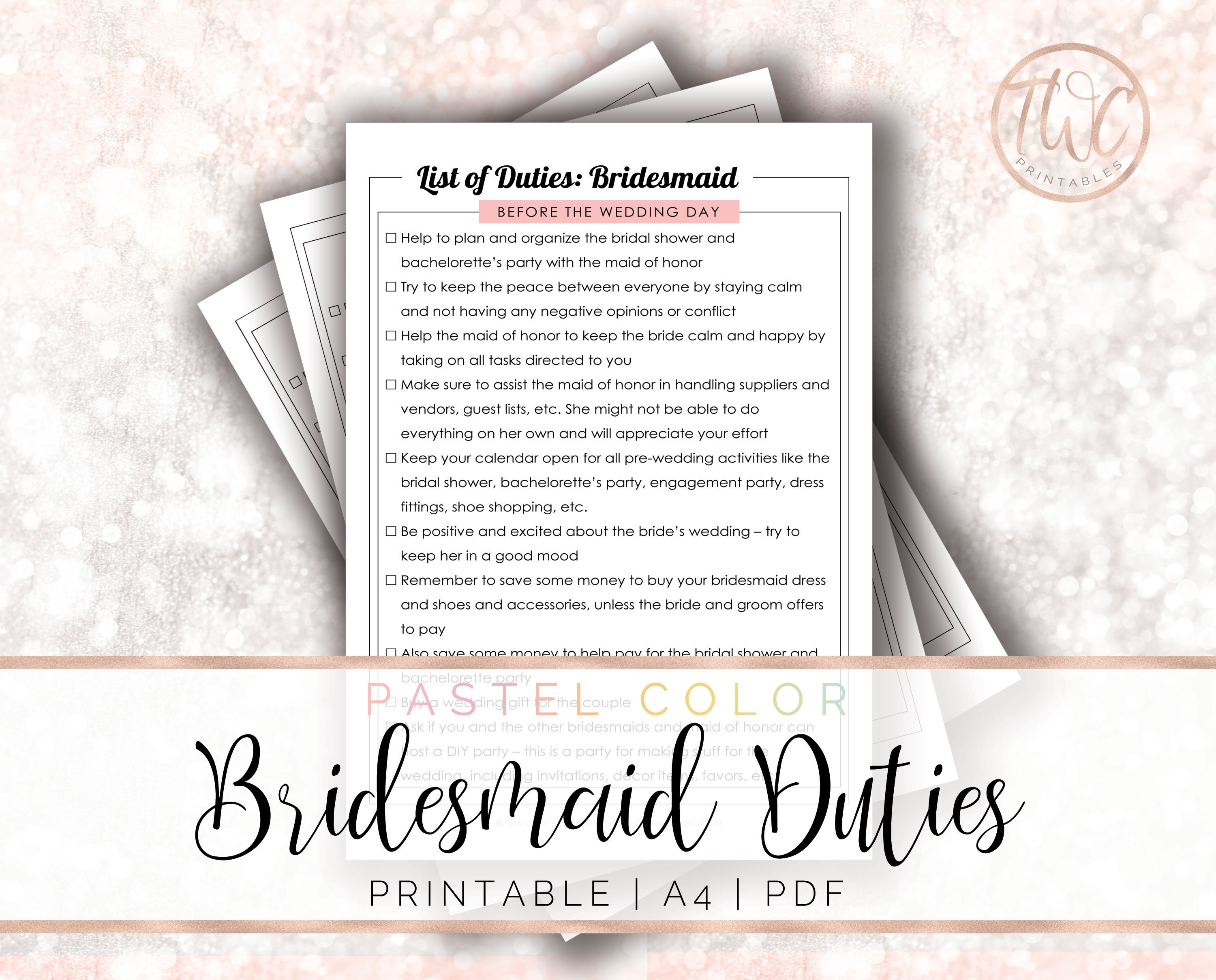 Printable List of Duties: Bridesmaid wedding planner to do | Etsy