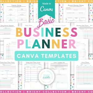 Könnte beinhalten: Eine Sammlung druckbarer Business-Planer-Vorlagen auf weißem Hintergrund mit bunten Punkten. Der Text lautet Made in Canva Basic BUSINESS PLANNER CANVA TEMPLATES und TWC Printables. Verschiedene Seiten enthalten Tracker, Planer und Checklisten.