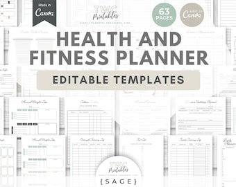 May include: A digital health and fitness planner with editable templates. The planner includes pages for tracking weight loss, daily routines, and medical information. The design is minimalist with a sage green and white colour scheme. The planner is made in Canva and has 63 pages.