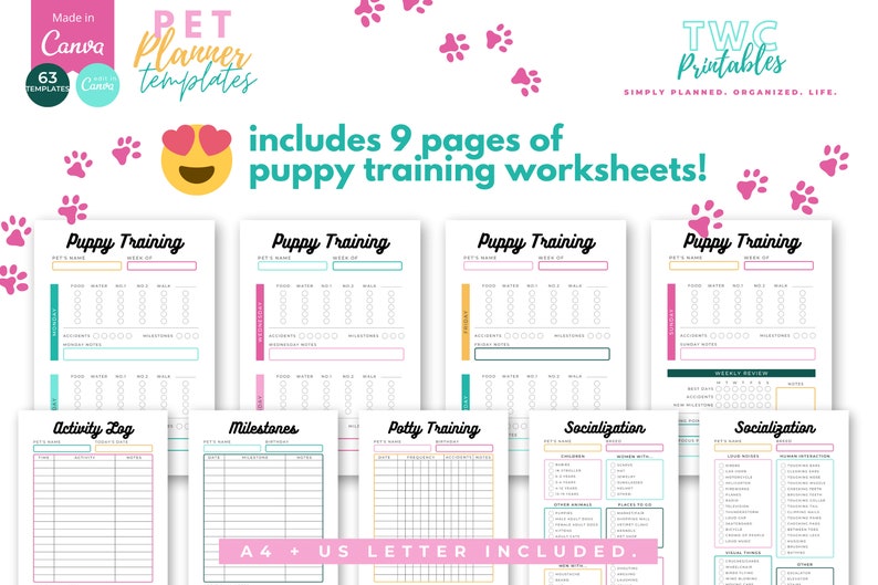 The editable pet planner templates for Canva will help you to create your own pet planner printable, or various pages for your pet organizer! Make your own pet care planner or puppy planner with this Canva kit! Also great as pet owner gifts.