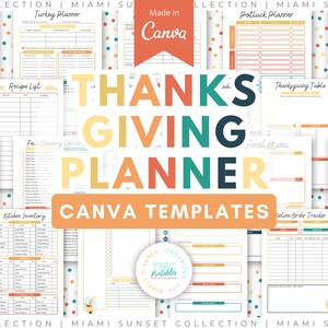 May include: A collection of Thanksgiving planner templates featuring various organizational pages like a turkey planner, recipe list, kitchen inventory, and gratitude tracker. The design uses a fall-themed color palette with orange, teal, and yellow accents, and includes the text "THANKSGIVING PLANNER" and "CANVA TEMPLATES" prominently displayed.