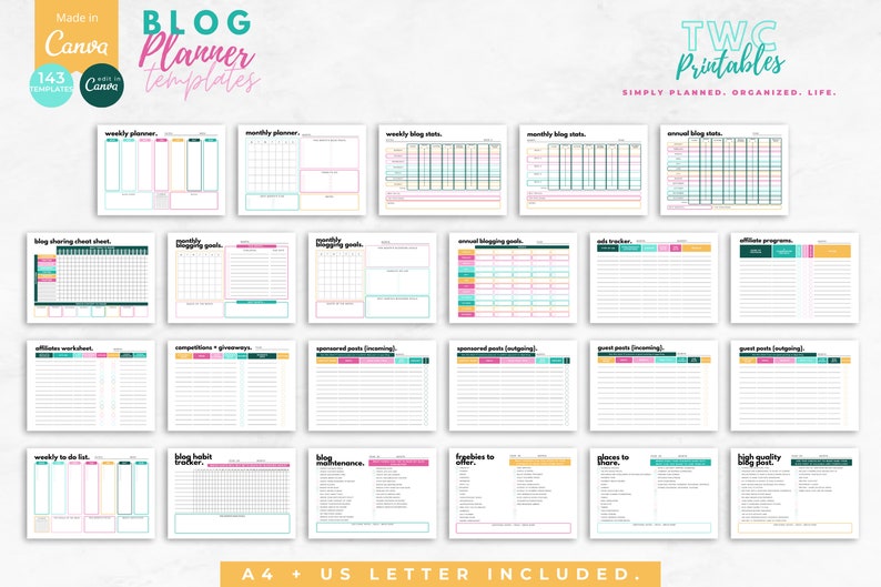 These Blog Planner Canva Templates will help you manage your blog like a pro! Use these Blogging Planner Templates to create a Blog Content Calendar. Learn Blogging How To by using this planner along with other blogging research.