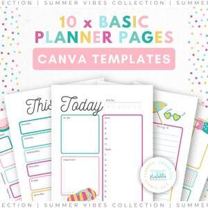 Op de afbeelding: Een verzameling van 10 basis planner pagina's Canva sjablonen. De pagina's hebben kleurrijke ontwerpen met tekst als "Today" en "This". De afbeelding heeft een zomerthema met illustraties van een watermeloen, zonnebril en parasol.