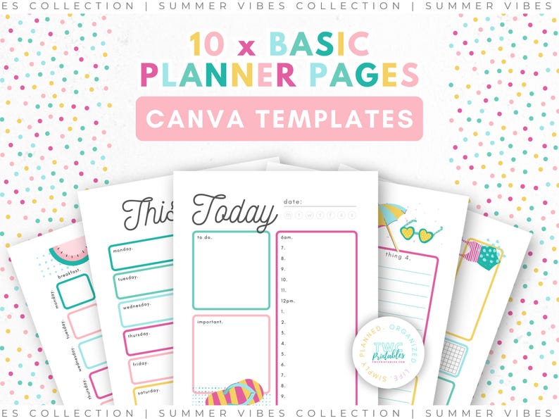 Op de afbeelding: Een verzameling van 10 basis planner pagina's Canva sjablonen. De pagina's hebben kleurrijke ontwerpen met tekst als "Today" en "This". De afbeelding heeft een zomerthema met illustraties van een watermeloen, zonnebril en parasol.