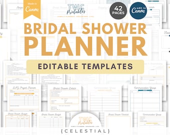 May include: A bridal shower planner with editable templates. The cover features the text "Bridal Shower Planner" in a large, gold font. The planner includes pages for various planning aspects, such as guest lists and budgets. The words "Made in Canva" are also visible.