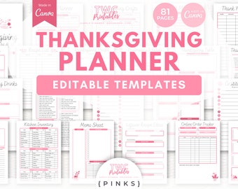 May include: A pink and white Thanksgiving planner with editable templates. The planner includes sections for weekly checklists, drinks, kids' tables, kitchen inventory, and more. The planner is 81 pages and made in Canva.