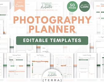 May include: A Photography Planner with editable templates, featuring a 2-month planner, appointments, contacts, and more. The design includes orange and green accents, with the text "Photography Planner" prominently displayed.