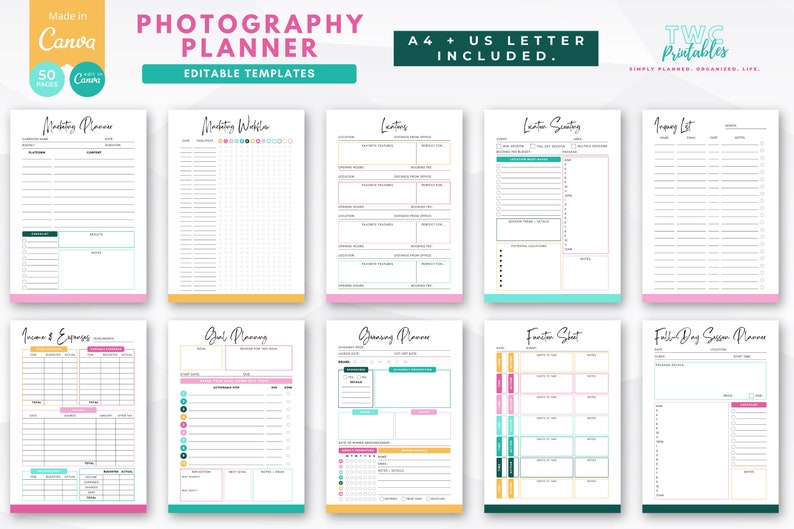Streamline your photography business with the Photography Planner Canva templates! Featuring photography checklists, workflow charts, client sheets, and more. The comprehensive photographer planner is perfect for any photography business.