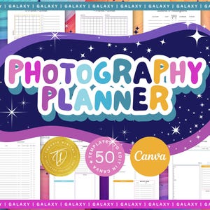 Puede incluir: Un planificador de fotografía con un tema de galaxia, con un diseño púrpura y azul con estrellas blancas. El título "PHOTOGRAPHY PLANNER" está en letras de burbujas de colores. Incluye plantillas y opciones de edición de Canva.