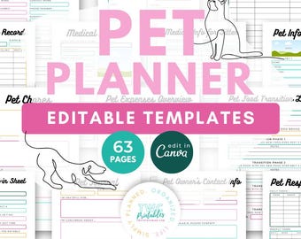 Pet Planner Canva Templates: 63-Page Pet Journal & Care (Digital Download) BRIGHT