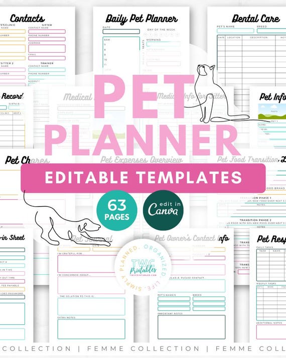 Pet Planner Canva Templates: 63-Page Pet Journal & Care (Digital Download) BRIGHT