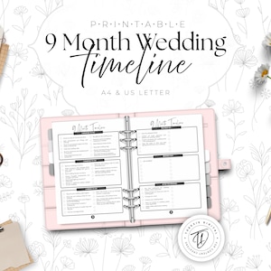 May include: A pink binder with a 9-month wedding timeline, with the text "9 Month Wedding Timeline" and "A4 & US LETTER". The image includes a notepad, scissors, a clipboard, and flowers.