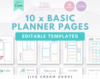 Basic Canva Template Bundle | 10 Pages | Editable Planner Binder Inserts, Digital Download, Daily Weekly Monthly Yearly //ICE CREAM SHOP