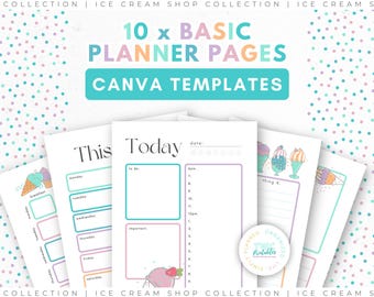 Basic Canva Template Bundle | 10 Pages | Editable Planner Binder Inserts, Digital Download, Daily Weekly Monthly Yearly //ICE CREAM SHOP