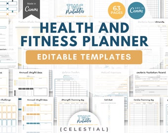 Pode incluir: Um planejador digital de saúde e fitness com modelos editáveis. O planejador inclui páginas para rastrear a perda de peso, a ingestão de calorias, as despesas médicas e o planejamento diário. O design apresenta um layout limpo com o texto "Health and Fitness Planner".