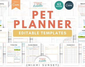 Pet Planner Templates for Canva | 63 Pages | Pet Tracker, Puppy Training Planner, Pet Vaccination Record, Planner Inserts // MIAMI SUNSET