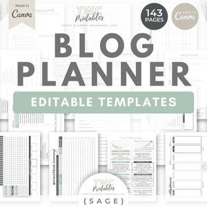 Puede incluir: Una colección de plantillas imprimibles para planificadores de blogs. El diseño incluye páginas para el seguimiento de objetivos de blog, publicaciones patrocinadas y planes semanales. Las plantillas son en negro, blanco y verde salvia. El texto de la imagen dice "BLOG PLANNER EDITABLE TEMPLATES".