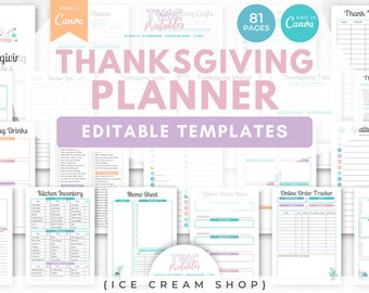 Thanksgiving Planner Canva Templates | 81 Pages | Party organizer, Celebration planner, Festive organizer, Meal planner //ICE CREAM SHOP