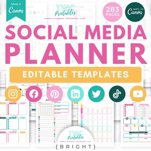 May include: A Social Media Planner with editable templates. The planner includes pages with social media icons for Instagram, Facebook, Pinterest, LinkedIn, Twitter, TikTok, and YouTube. The planner is made in Canva and has 283 pages.