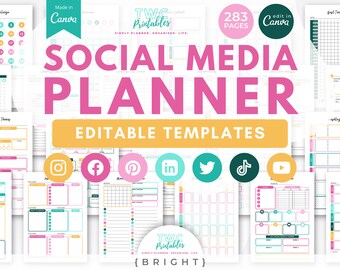 Social Media Planner Canva Templates | 283 Pages | Content calendar, Post scheduler, Marketing plan, Engagement tracker, Analytics //BRIGHT