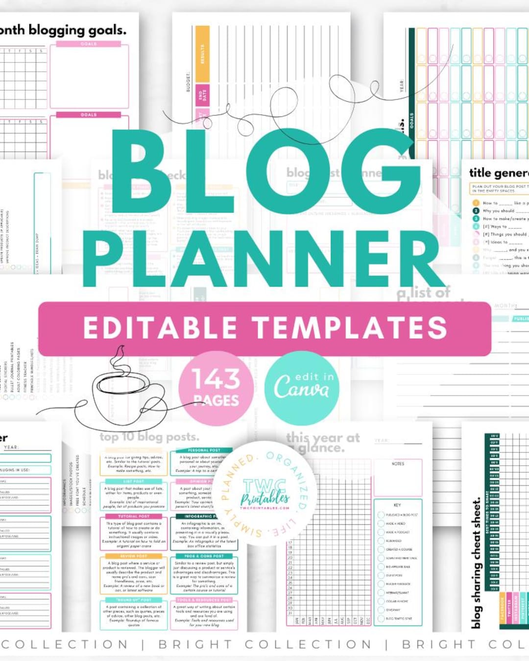 BRIGHT Blog & Content Planner Creators Editorial Calendar Bundle Canva ...