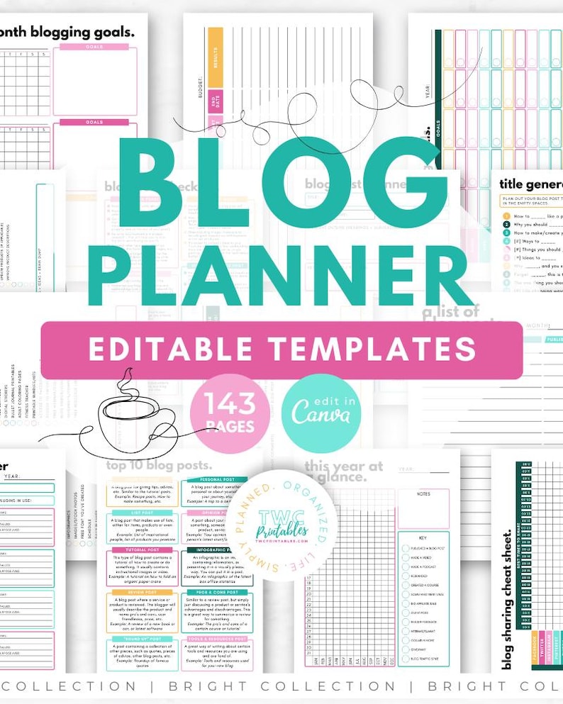 BRIGHT Blog & Content Planner Creators Editorial Calendar Bundle Canva ...